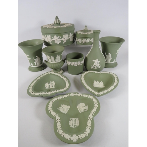 196 - Selection of green Wedgwood Jasperware, trinkets, vases etc.