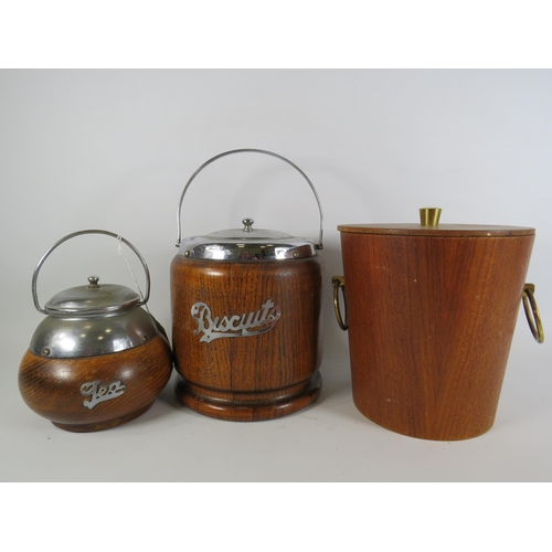 383 - Vintage oak biscuit barrel & tea caddy plus a retro wooden ice bucket.