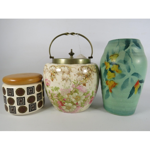 384 - Mixed ceramics lot to include a vintage biscuit barrel, vase and retro storage jar.