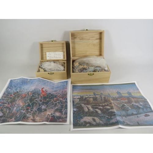 385 - 2 Antique wooden jigsaws in wooden storage boxes see pictures for jigsaw titles.