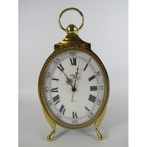 397 - Swiza 8 vintage 15 jewel carriage alarm clock 23cm tall. In working order.