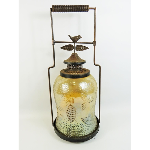 784 - Indian made large Church candle lantern with pressed glass shade, metal constuction. 24 inches tall.