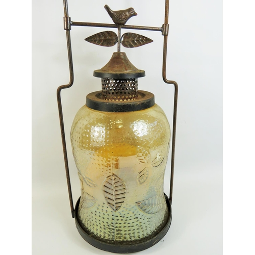 784 - Indian made large Church candle lantern with pressed glass shade, metal constuction. 24 inches tall.