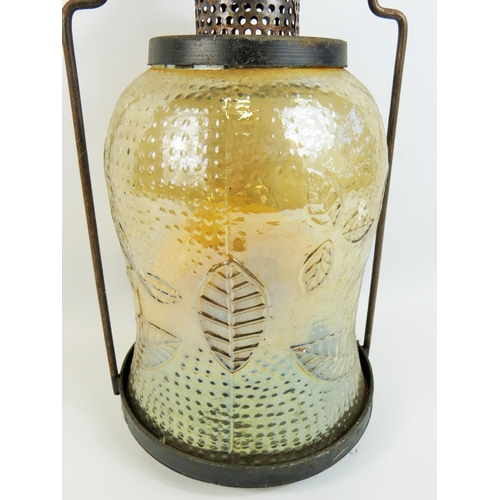 784 - Indian made large Church candle lantern with pressed glass shade, metal constuction. 24 inches tall.