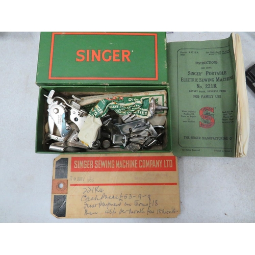 791 - Singer 221K Electric portable sewing machine with original case. See photos