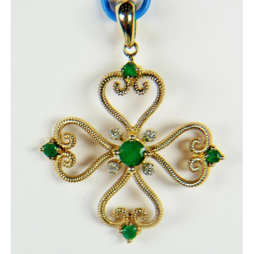 220A - 9ct, Lovely Open weave Celtic Cross Pendant set with Emeralds and Diamonds. 30mm Diameter 2.5g See p... 