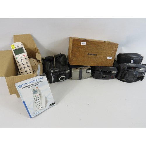 1036 - Boxed Cordless telephone plus a selection cameras with cases. Samsung, Minolta, plus a wooden microp... 