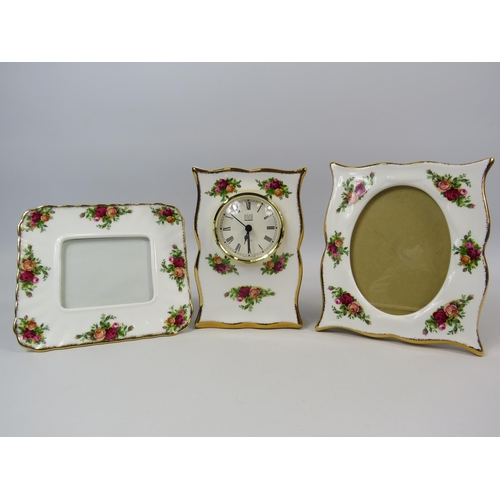 18 - Royal Albert Old country roses Clock (16cm tall) plus 2 picture frames.