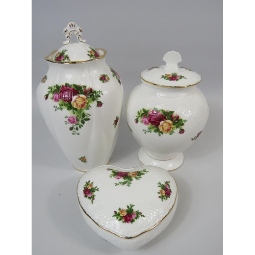 20 - 2 Royal Albert Old Country Roses Lidded vases the tallest of which measures 25cm tall & a large hear... 