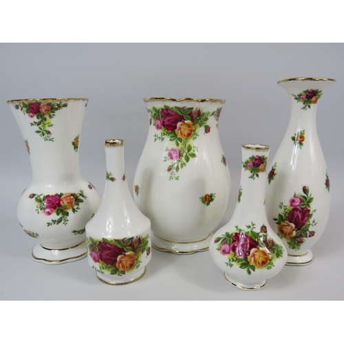 21 - 5 Royal Albert Old Country Roses Vases the tallest of which measures 19cm tall.