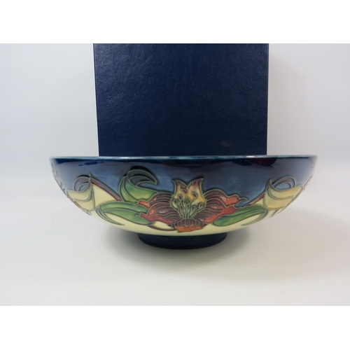 73 - Large Moorcroft Anna Lily pattern Bowl 25cm diameter 8cm deep and comes with the box.