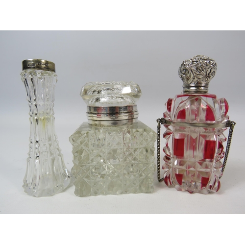 84 - Vintage glass scent bottle, Glass inkwell and a small sterling silver collared vase.