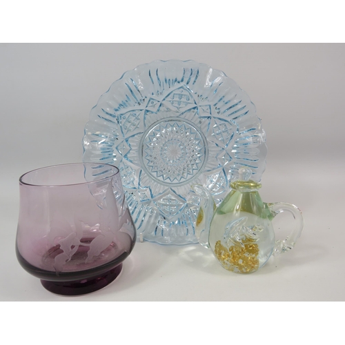 115 - Art deco blue glass plate, Caithness glass vase and a paperweight in the form of a teapot.