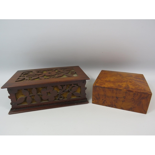 173 - 2 Vintage wooden boxes oak fretwork and maple.