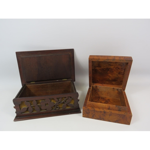 173 - 2 Vintage wooden boxes oak fretwork and maple.