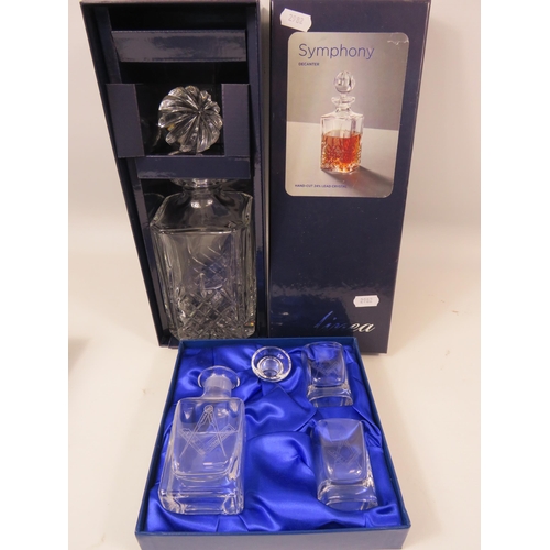 180 - Masonic decanter and glasses set and a Linea decanter both are boxed.