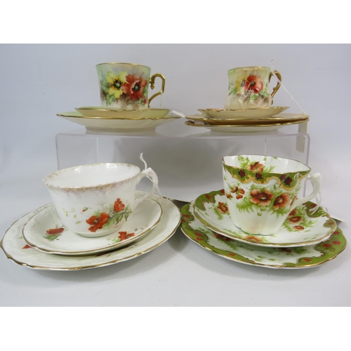 328 - 4 Antique china Trios decorated with Poppies.