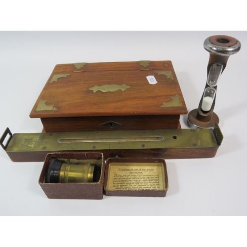 640 - Wooden and brass keepsake box, spool egg timer, travel microscope etc.