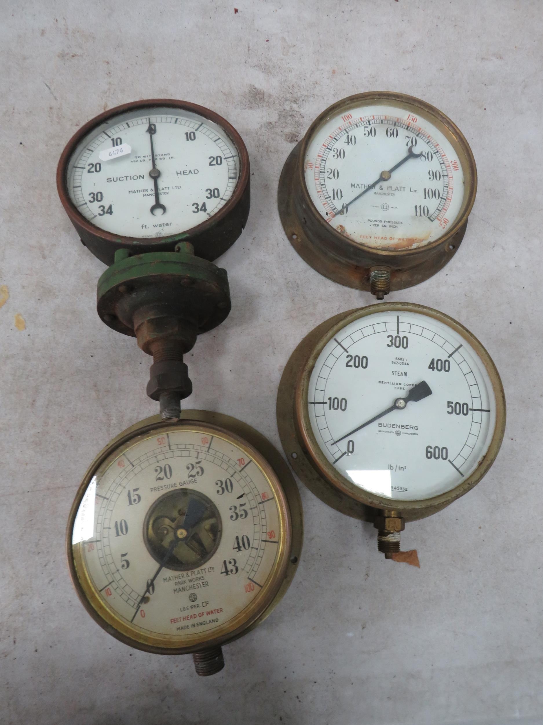 4 Large vintage brass pressure gauges.
