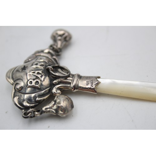 106 - 2 x Antique / Vintage .925 STERLING SILVER Baby Rattles Inc Mop, Ivorine (26g)      In antique / vin... 