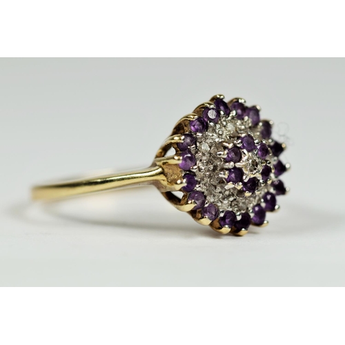 154 - 9ct Yellow Gold Diamond and Amethyst set Cocktail Ring. Finger size 'P'   2.5g