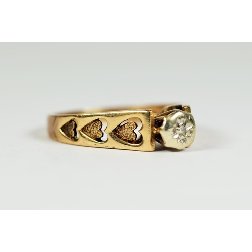 162 - 9ct Yellow Gold Diamond Solitaire set ring.  Illusion set melee Diamond with pierced heart shaped de... 