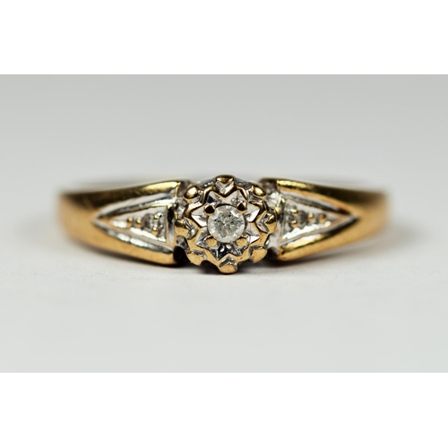 182 - 9ct Yellow Gold Diamond Set ring. Central Diamond with smaller Diamonds to the Shoulders    Finger s... 