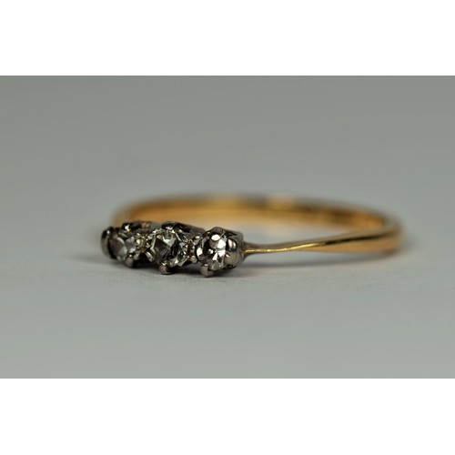 156 - 18ct Yellow Gold Diamond Trilogy ring.  Diamonds set in Platinum Mount. Centre Diamond 0. 10 pts wit... 