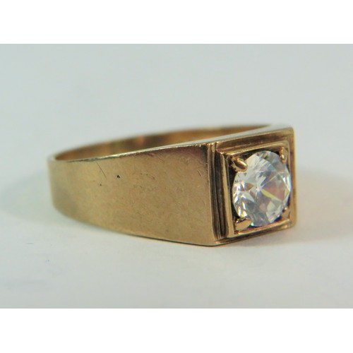 211 - 9ct Yellow gold CZ gemstone set signet ring.   Finger size 'R-5'  3.3g    179-29-9