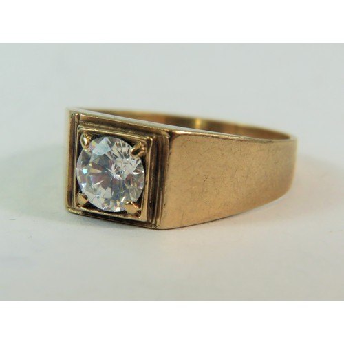 211 - 9ct Yellow gold CZ gemstone set signet ring.   Finger size 'R-5'  3.3g    179-29-9