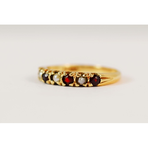 213 - 9ct Yellow Gold Garnet and Pearl set ring. Finger size 'N'   1.7g