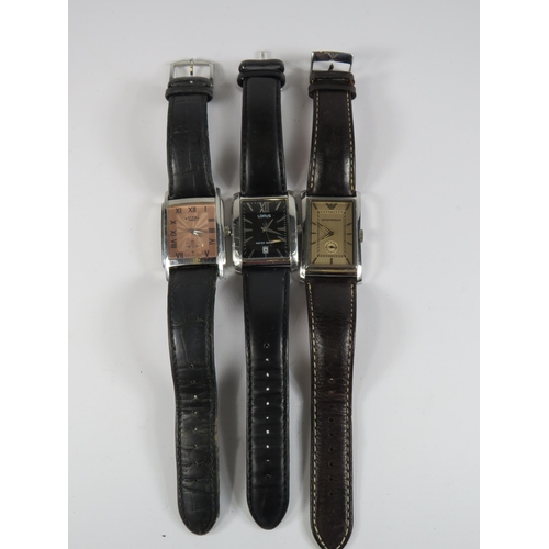 243 - 3 Mens quartz wristwatches, Lorus, Rotary and Armani. All require new batteries.