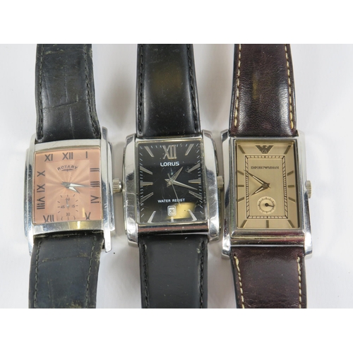 243 - 3 Mens quartz wristwatches, Lorus, Rotary and Armani. All require new batteries.