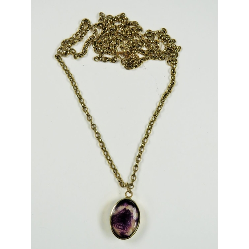 236 - 9ct Yellow Gold large link chain with a Onyx/Blue John glass fronted pendant which has large hallmar... 