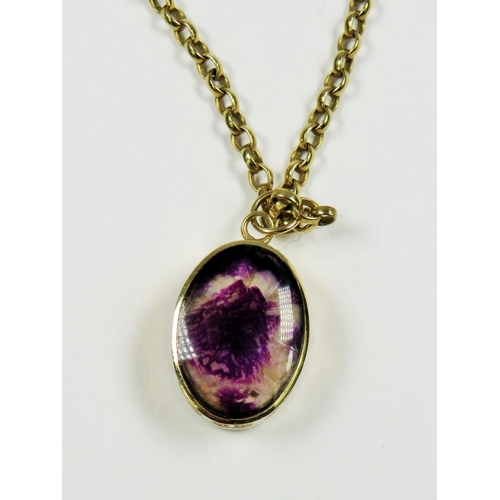 236 - 9ct Yellow Gold large link chain with a Onyx/Blue John glass fronted pendant which has large hallmar... 