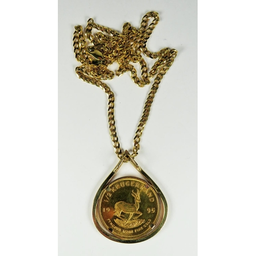 238 - Half Krugerrand pendant set on a 9ct Yellow gold mount and hung on a 9ct 22 inch chain.  Total weigh... 