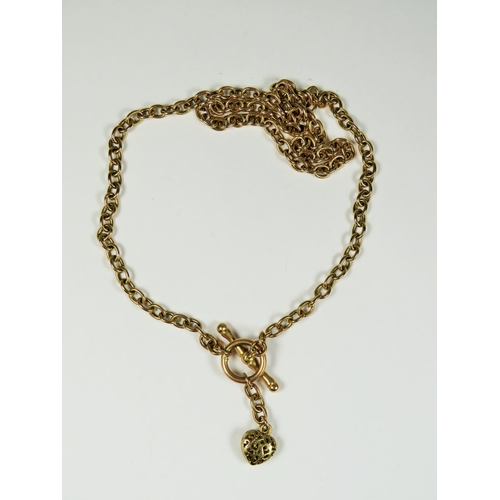 240 - 9ct Yellow Gold Large link chain with Tee bar and pierced heart pendant. 18 inches long.   7.2g