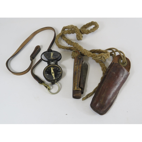 292 - German WW2 marching compass and a large vintage penknife with antler handle and leather case.