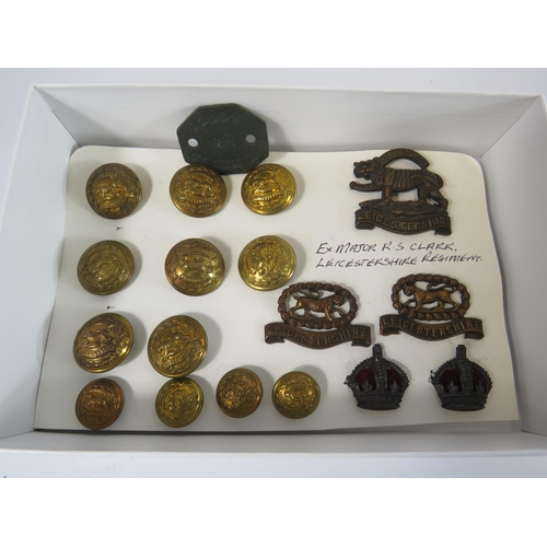 293 - Collection of Cap Badges, lapel and buttons for Major Clarke of the Leicestershire Reg and his ID ta... 