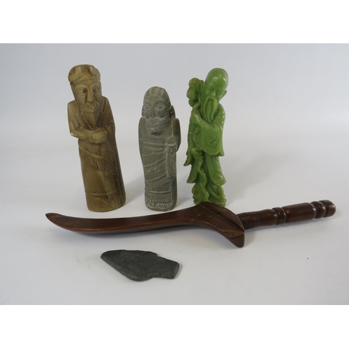 294 - Mixed lot to include Soapstone and jadeite figures, a flint arrow head etc.