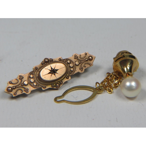 304 - 9ct Yellow Gold Mizpah Brooch (missing centre stone) 1.9 g 40mm     plus a Yellow metal pearl mounte... 