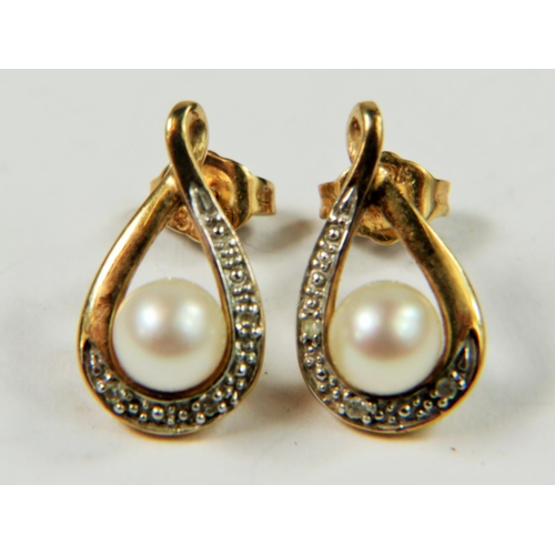 318 - Pair of 9ct Diamond and Pearl set Earrings, 8mm pearls multi Diamond surrounds