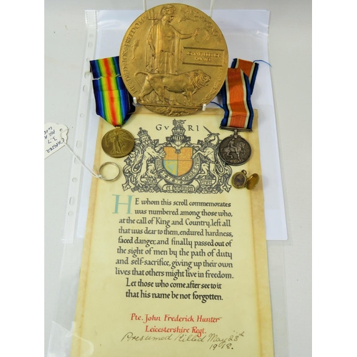 333 - 14-18 Medal plus Victory Medal plus Bronze Death Plaque, Awarded to Pte John Frederick Hunter Leices... 