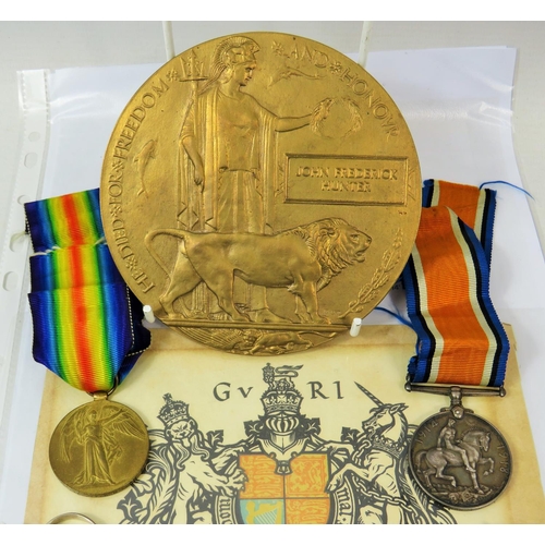 333 - 14-18 Medal plus Victory Medal plus Bronze Death Plaque, Awarded to Pte John Frederick Hunter Leices... 