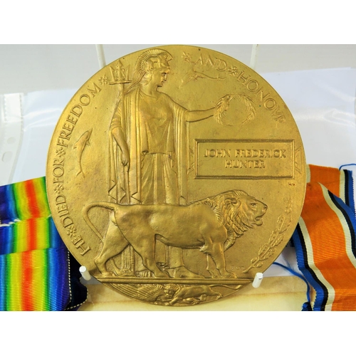 333 - 14-18 Medal plus Victory Medal plus Bronze Death Plaque, Awarded to Pte John Frederick Hunter Leices... 