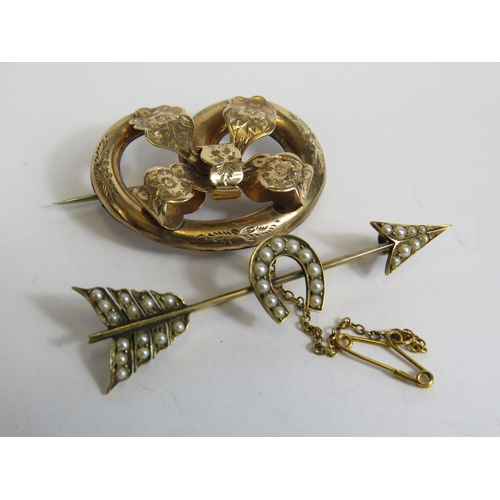 321 - 2 Victorian brooches one with seed pearls which carries no hallmark but chem tests as 18ct gold plus... 