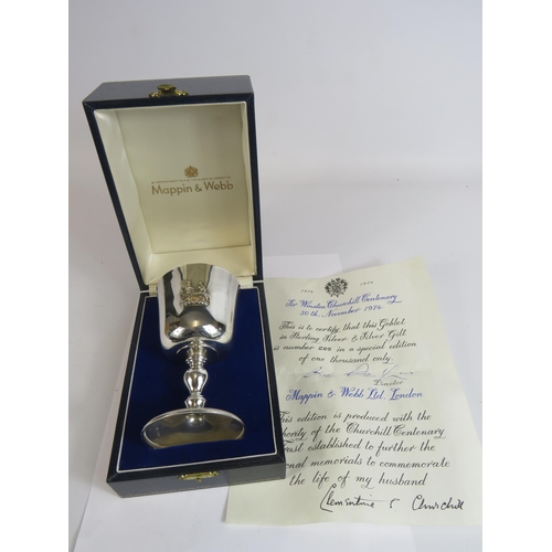 323 - Sir Winston Churchill Centenary sterling silver goblet by Mappin and Webb limited edition no 225 of ... 