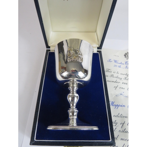 323 - Sir Winston Churchill Centenary sterling silver goblet by Mappin and Webb limited edition no 225 of ... 