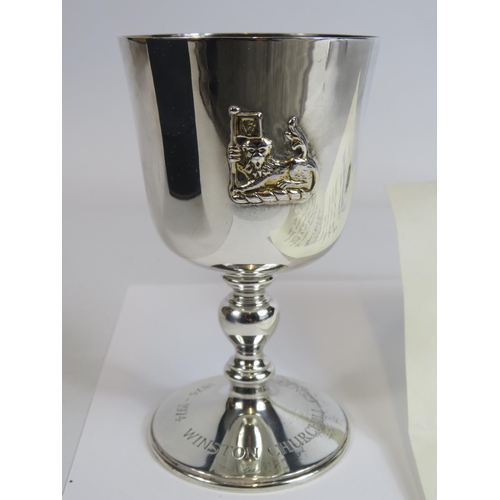 323 - Sir Winston Churchill Centenary sterling silver goblet by Mappin and Webb limited edition no 225 of ... 