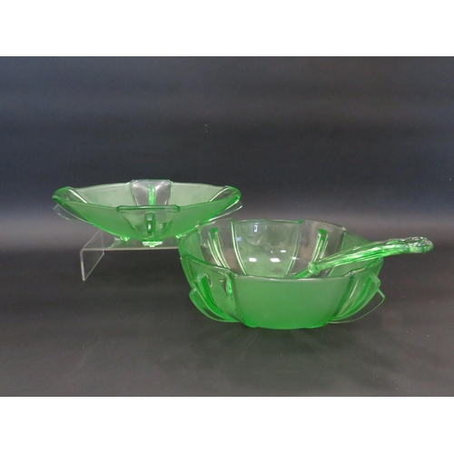 74 - 2 large Art deco uranium green glass bowls and a pair of salad servers.